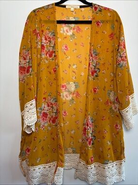 Rewind Mustard Floral Open-Front Kimono with Crochet Trim